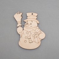 Фигурка-подвес плоская с контуром из фанеры "Снеговичок с подарком"