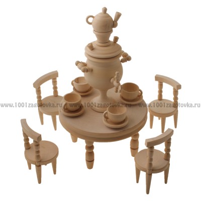 Кухонный набор из дерева "Самовар с чашками, стол, стулья"
